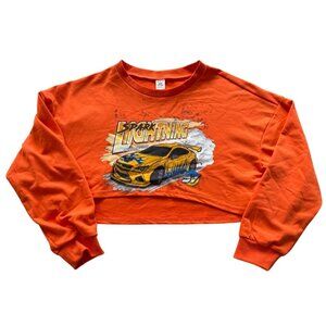 Vintage-Inspired Orange Crop Top With Spark Lightning Graphic & Yellow Car Desig
